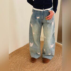 ANN ANDELMAN Blue Embroidered Butterfly Wide-leg Jeans